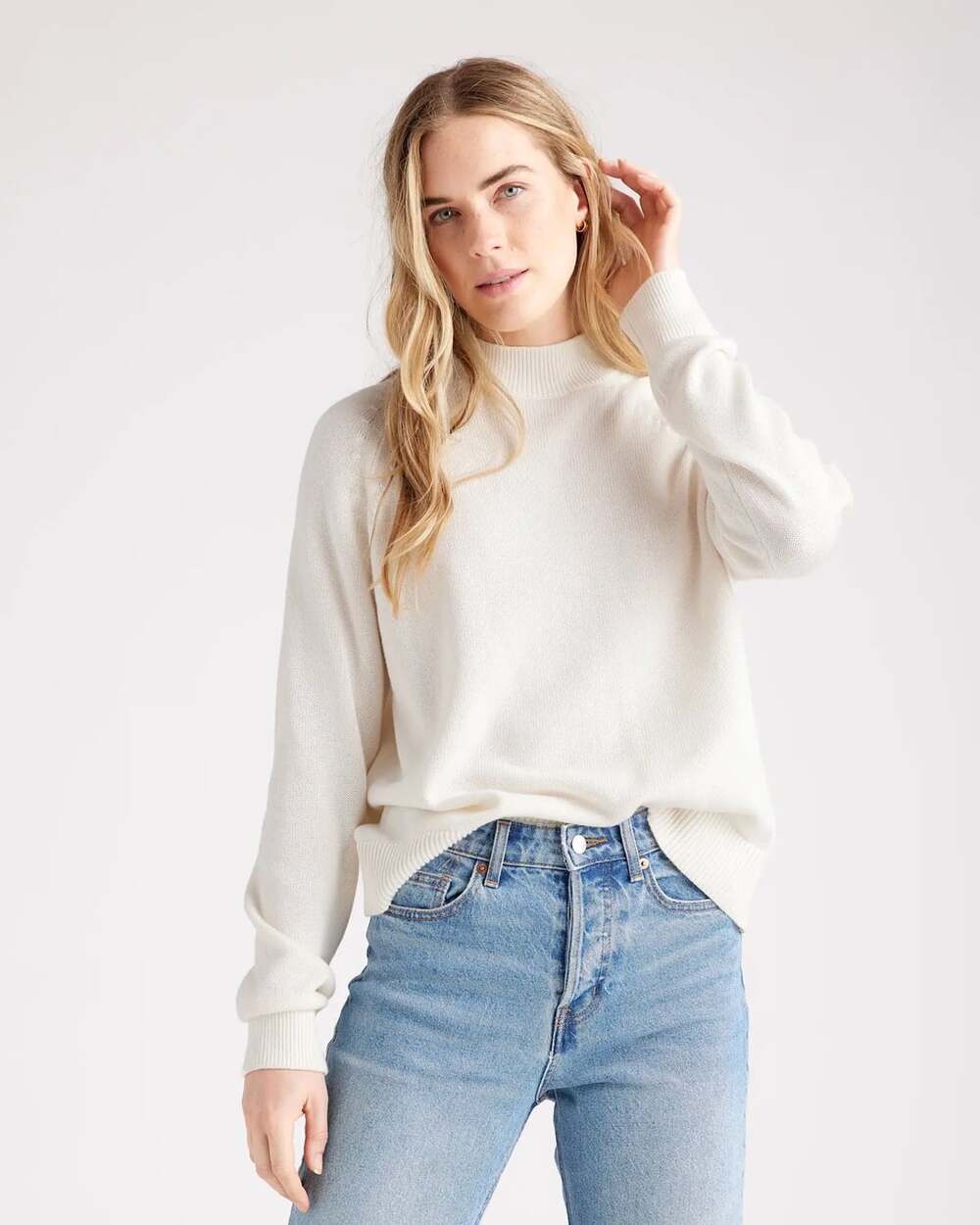 Quince Organic Cotton Mock Neck Sweater Size S Ivory